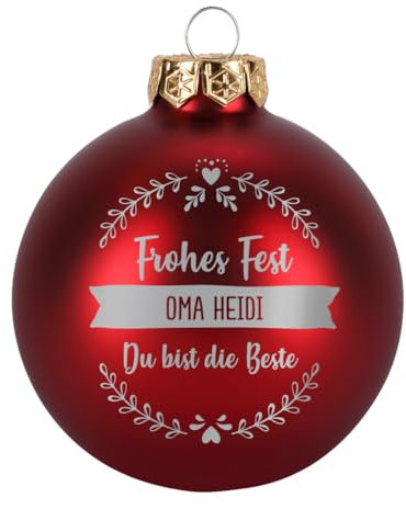 Herz & Heim® Weihnachtskugel aus Glas mit persönlicher Gravur/Rot oder Weiß/Matt oder Hochglanz/Ø 8 oder 10 cm/Verschiedene Motive Ø 10 cm, Rot Matt, 3 Zeilen Wunschtext