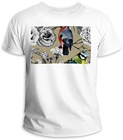 Kurzärmeliges T-Shirt, Rundhalsausschnitt, 100 % Baumwolle, Aquarell, Kuckucksvogel, Rhododendron-Blume, mehrfarbig, 58