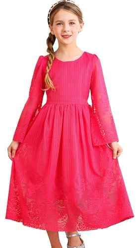 BONNY BILLY Vestito Bambina Elegante Damigella Cerimonia Natale Lungo Tulle Pizzo Manica Lunga 7-8 Anni Rosa