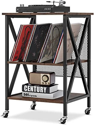 GOPLUS - Mueble de vinilo de 3 niveles con estación de carga, ruedas cerradas, marco de metal, mesa auxiliar para 250 vinilos para sala de estar, oficina, 52 x 45 x 75 cm (marrón rústico)