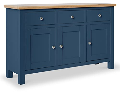 RoselandFurniture Farro Navy Blue Large Sideboard Cabinet for Living Room | Fully Assembled, 3 Door Cupboard with Oak Top and 3 Drawers, Contemporary Style, H80cm W125cm D36cm