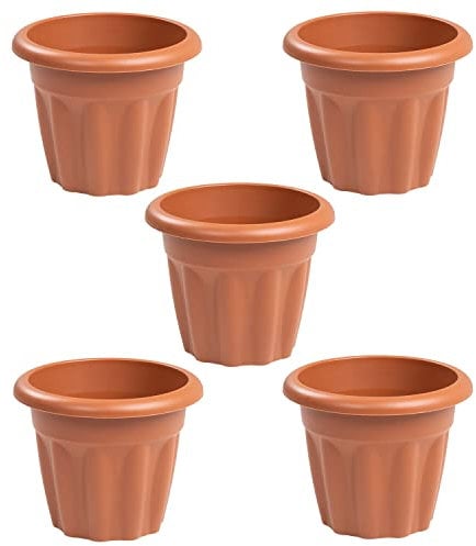 (Set of 5) 25cm Terracotta Plastic Round Planters Indoor/Outdoor Plant Pot Lightweight & Weather Resistant Contemporary Design Style Garden Planters Plant Herb Flower Pot Nursery Pot For Home