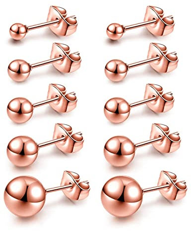 YOXUA 5 Pair Silver Gold Rose gold Ball Earring Set, Stainless Steel Round Ball Earrings For Women's Men's Girls jewellery 3mm-8mm, (5 pieces) (rose gold)