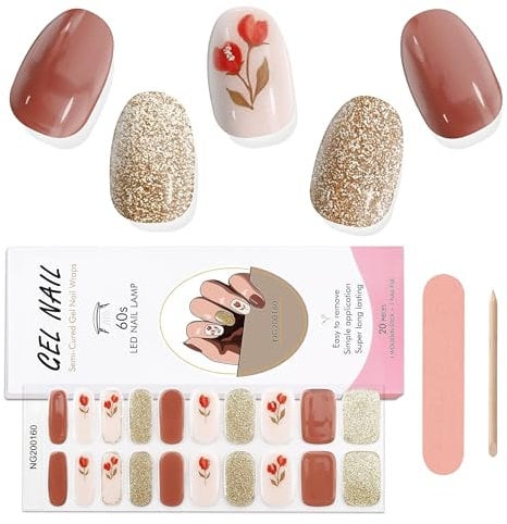 EBANKU 20PCS Glitter Rose Brown Gel Nail Stickers - Long Lasting UV Strips With Nail File & Wooden Stick for Women Manicure