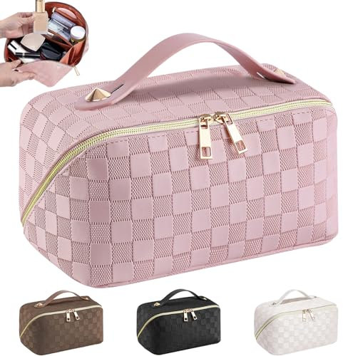 Kosmetiktasche Reise Damen,Make Up Tasche mit Groß Kapazität,PU Leder Portable Schminktasche Kulturtasche Organizer,Beauty Case für Reisezubehör Travel Essentials Women(Kariert-Rosa)
