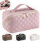 Kosmetiktasche Reise Damen,Make Up Tasche mit Groß Kapazität,PU Leder Portable Schminktasche Kulturtasche Organizer,Beauty Case für Reisezubehör Travel Essentials Women(Kariert-Rosa)