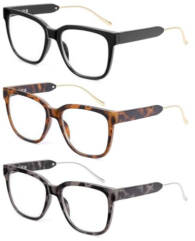 JM 3 Pack Klassische Quadratische Lesebrille für Damen Herren, Mode übergroße Blaulichtfilter Brille mit Sehstärke +2.0