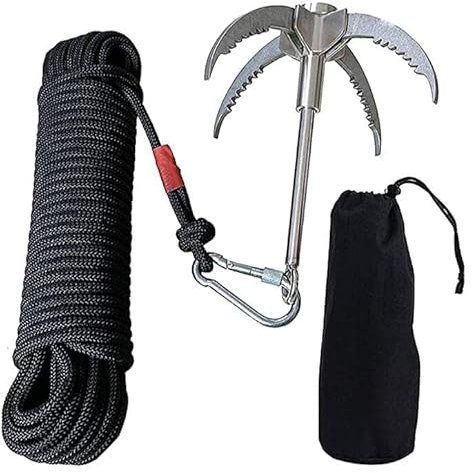 Grappling Haken, Enterhaken mit Seil, Edelstahl Survival Klaue mit Multifunktionale Kletterseil zum Klettern im Freien, Faltbarer Kletterhaken mit 20m Hilfsseil für Outdoor Bergung unter Wasser