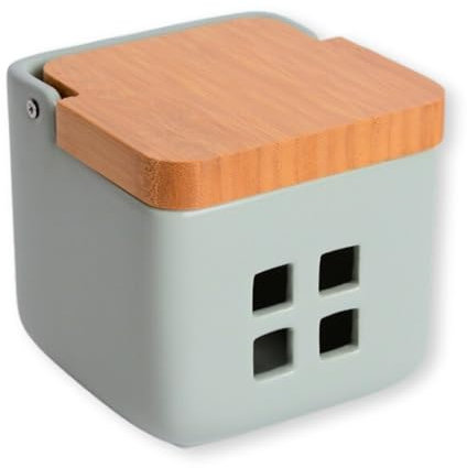 KOOK TIME Pot de Conservation d'Ail en Céramique avec Couvercle en Bois de Bambou - Idéal pour le Rangement et la Conservation de l'Ail, Oignon et Échalote - 11,5x11,5x11,5 cm - Vert sauge mat