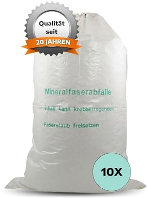 AWOTEX Mineralwolle Säcke mit Kordel 10 Stück I beschichtete Säcke für Mineralwolle 140 x 220 cm I Mineralwolle Entsorgungssack mit Aufdruck 0,7 cbm I Sack für Mineralfaser-Abfälle