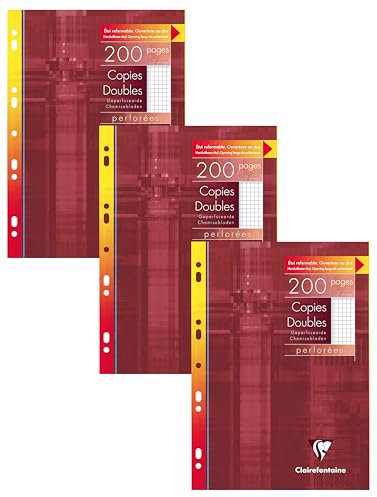 Clairefontaine 47122C Un Étui de Copies Doubles Perforées - A4 21x29,7 cm - 200 Pages Petits Carreaux avec Marge - Papier Blanc 90 g - Étui Réutilisable (Lot de 3)
