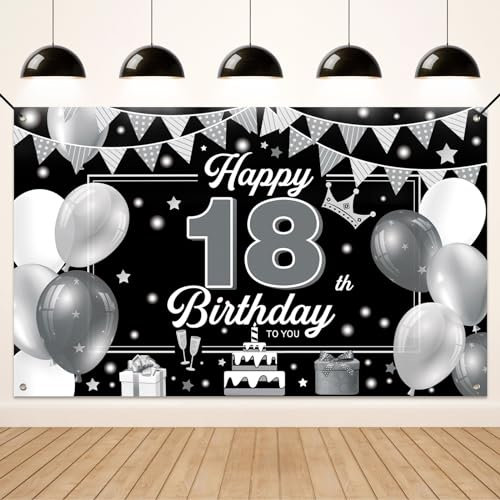 Koliphy 18. Geburtstag Deko, 18. Happy Birthday Banner für Jungen Mädchen, Silber Schwarz Stoff 18 Geburtstagsbanner Hintergrund Party Dekoration Drinnen und Draußen