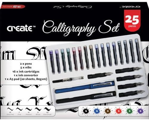 Create Calligraphy Set - 25 Piece Set Fountain Pens | for Writing, Includes (2) Calligraphy Pens, (5) Nibs, (16) Calligraphy Ink Colours, (1) A5 Pad | Perfect for Professionals, Adults & Beginners