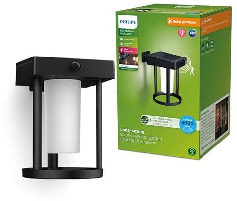 Philips Outdoor Ultra-Efficient Solar Camill Wandleuchte 1,4W, Dual-Bright Sensor, rund, matt, 3000 Kelvin, IP44 wetetrfest, schwarz