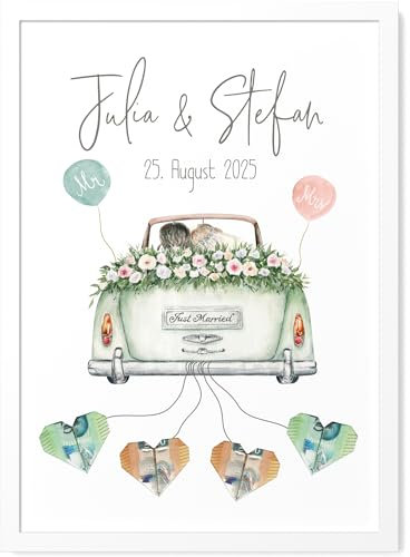Papierschmiede® Personalisiertes Geldgeschenk Hochzeit mit Namen, Hochzeitsgeschenke für Brautpaar | A4 (21x30 cm) Poster mit Rahmen | Verpackung Geldgeschenke Geschenk Bild „Wedding Cabrio“