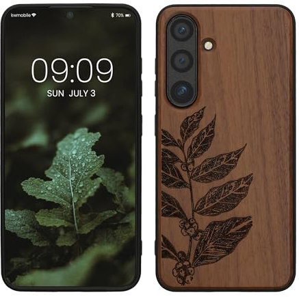 kwmobile Hülle kompatibel mit Samsung Galaxy S24 Hülle - Holz Case - Handy Cover - TPU Handyhülle in Dunkelbraun Blätterzweig