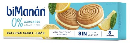 BiManán - Galleta de Limón, 0% Azúcares Añadidos, Alto Contenido de Fibra, Sin Gluten, Caja de 8 Unidades (126 g)