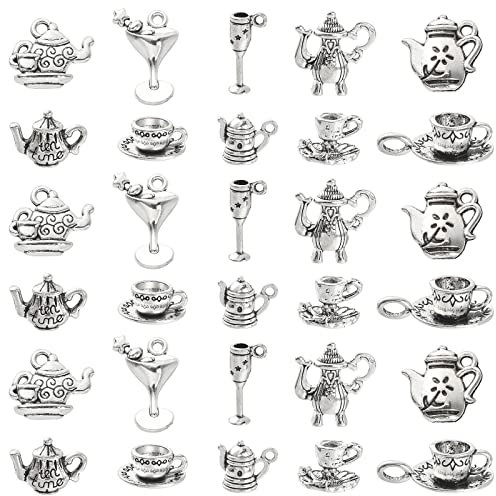 Stiesy 100 dijes de taza de plata tibetana de 10 estilos, vintage, para taza de té, dijes antiguos para taza de café, tetera, dijes para hacer joyas, manualidades, pulseras, bricolaje