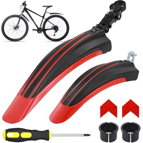 Hejo Fahrrad Schutzblech Set, Universal Schutzbleche Mountainbike mit 2 Roten Reflektoren Aufkleber Sticker, Einstellbar Vorne Hinten Mudguard Schutz für 24-29 Zoll MTB Rennrad (Schwarz & Rot)