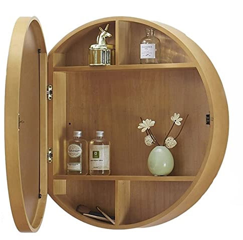 WolFum Badezimmerspiegelschrank, Holzfarbe, Türtyp, Spiegelschrank, rund, Wandbehang, Badezimmerspiegel, Waschraum, Make-up- und Schminkspiegel (Farbe: Holzfarbe, Größe: 60 cm)