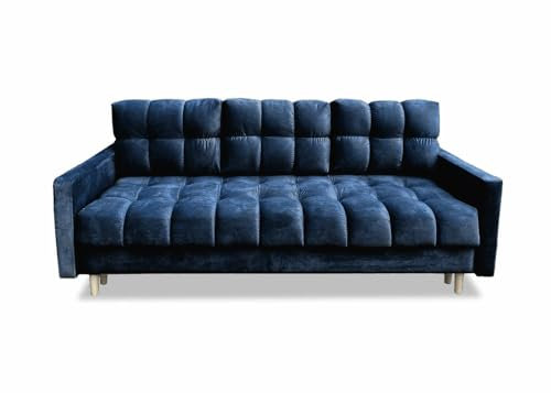 Meble Ares Stilvolles Sofa 3 sitzer Rocco – Sofa mit Schlaffunktion – Sofa mit Bettkasten – Praktisches Schlafsofa Ausziehbar mit Gesteppten Seiten – Holzbeine, Velours – Dunkelblau