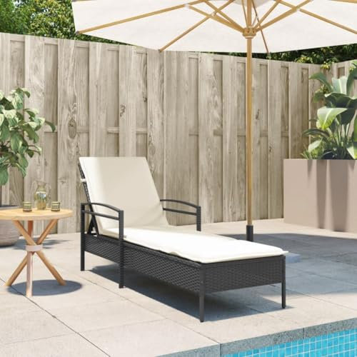 Homgoday Sonnenliege mit Auflage Gartenliege mit 3-Fach verstellbare Rückenlehne Relaxliege Gartenmöbel Liege Liegestuhl Strandliege Schwarz 63x200x81 cm Poly Rattan