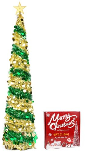 Árbol de Navidad Artificial de 180cm/6ft, con Estrella y Soporte Estable, Montaje rápido, Plegable, para casa, Chimenea, Oficina, Tienda, Hotel, Verde Dorado