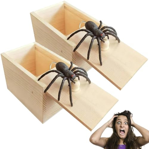 2 Stück Spinne In Box, Spinne Streich Box Streich Spinne Scare Box Holz Prank Spider Scare Box, Streich Spinne Angst Box Scherzartikel kinder Spinnen Spielzeug Box Holz für Erwachsene Kinder