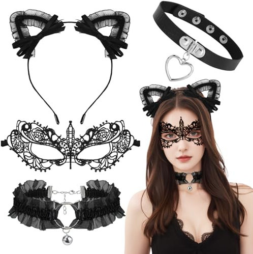 XEPST Catwoman Kostüm Damen, Katze Cosplay Set mit Glöckchen Halskette, Katzenohren Haarreif, Spitze Maskerade Masken für Frauen Mädchen Cosplay Kostümfest Halloween Dekor Karneval