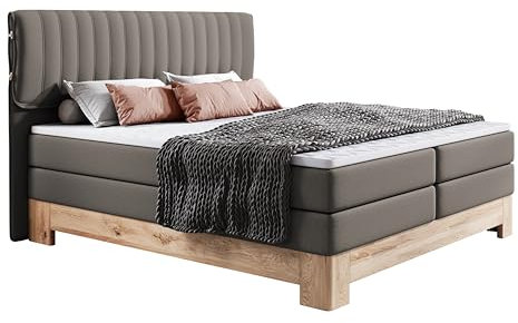 DomiMeble DomoHome Massives Eichenholz Boxspringbett Mit Taschenfederkern Und Kaltschaum-Topper, Bequemes Designbett Für Schlafzimmer 160x200 cm Farbe: Dunkelgrau