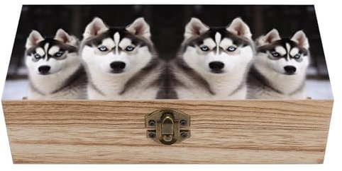 FZMVSQH Holzkisten zum Basteln, Husky-Hund, bedruckt, natürliche Holzkisten, wiederverwendbare Holzkisten, Holz, große Erinnerungsbox, Aufbewahrungsbox, Behälter mit Scharnierdeckel, Frontverschluss