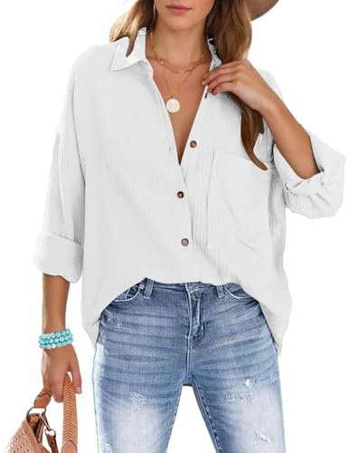 Xnova Womens Shirts Oversized Blouses Button Down, Collars Cotton Shirt Long Sleeve Tshirt with Pocket, Business Casual V Neck Blouse Tops Loose Shacket Elegant for Ladies (White, M)