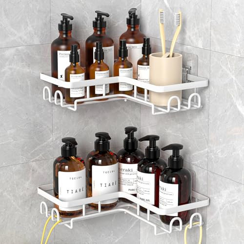 Diwoker Etagere Salle de Bain, 2 Pièces Étagère Douche d'angle sans Perçage, Rangement et Organisation de la Salle de Bain, Accessoires Douche Blanc