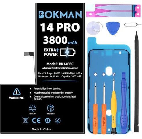 bokman Akku für iPhone 14 Pro 3800 mAh, Hohe Kapazität Lithium-Polymer-Akku mit Allen Werkzeug-Kits