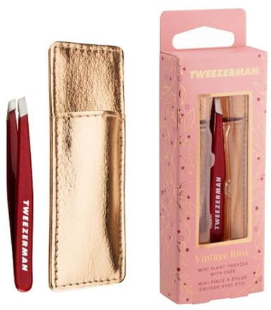 TWEEZERMAN Schräge Mini Pinzette (Augenbrauen-Pinzette für präzises zupfen mit Lederhülle), Vintage Rose