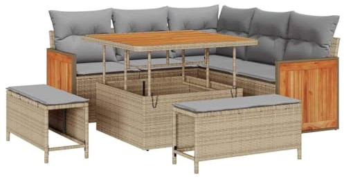 vidaXL Garten Ecksofa-Set mit Kissen – 8-teiliges Gartenmöbel in Beige aus Poly-Rattan und Akazie. Bequemer Platz für 5 Personen auf Terrasse und Balkon. UV-beständiger modularer Lounger.