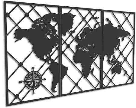 Kajaro Weltkarte Wandbild Holz 3-teilig 3D, 1780x980 mm, selbstklebend | Gratis: zweites kleineres Bild. Selbstklebende Holz-Wanddeko in Metalloptik, einfache Montage ohne Bohren.
