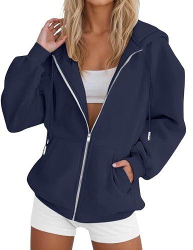 Sweat Femme Capuche Zippé Oversize - Veste Femme Hiver Grande Taille Pas Cher Sweat-Shirt Manche Longue Chaud Casual Sweats avec Poches Automne Sweatshirt(Marine,S)