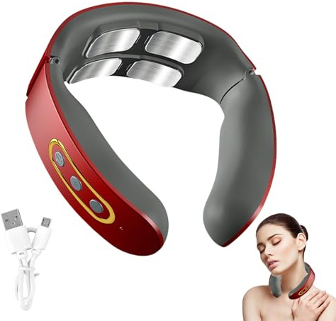 Neurotex Nacken, 11-in-1 Nackenlösung,EMS Elektrische Nackenmassagegerät mit Wärme, Elektrische Lmpulse Gegen Schmerzen & Verspannungen,6 Modi, 9 Intensitätsstufen,Für Büro Hause (Rot)