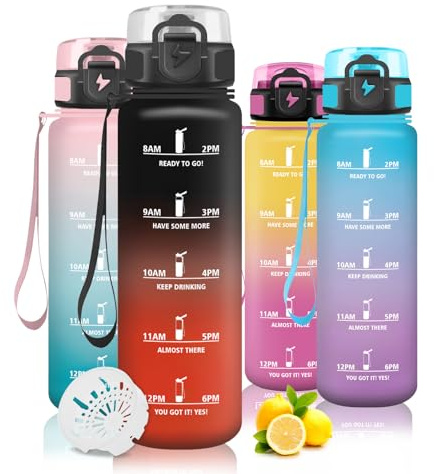 Mujigaga 1 Liter Trinkflasche, Trinkflasche Sport mit Filter, Wasserflasche für Erwachsene, Wasserflasche mit Uhrzeit, Leicht zu Reinigen, für Wandern, Gym, Schule, Camping, Outdoor