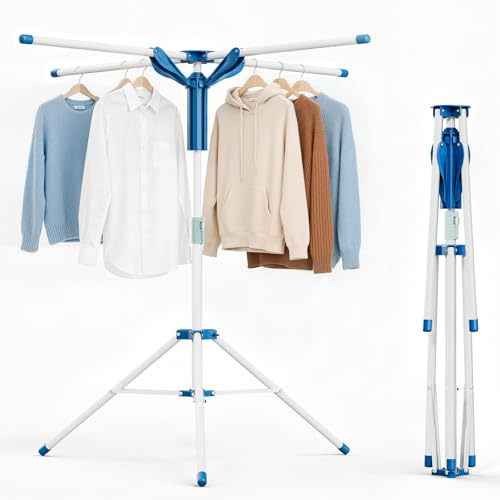 Mavivegue Clothes Airer Clothes Drying Rack Indoor Outdoor, Clothes Horse Laundry Stand Racks Foldable with 4 Arms for Hangers, Adjustable Height 130-177.5cm - For Indoor Outdoor, Saves Space, White