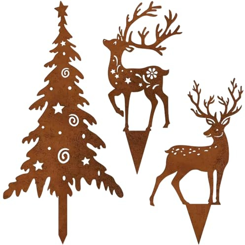 Gartenstecker Weihnachten Rost Hirsch Tannenbaum, Gartendeko Rost Deko Weihnachten, Gartenstecker Metall Elch Tanne, Rostige Rentier Rostdeko für Weihnachtsdeko Garten Draußen Terrasse Blumentopf (A)