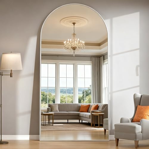 NEUWEABY 193x86 cm Spiegel in Voller Länge Gewölbter Spiegel, Großer Bogen Ganzkörperspiegel Bodenspiegel mit Ständer Hängend oder an die Wand gelehnt für Wohnzimmer, Silber
