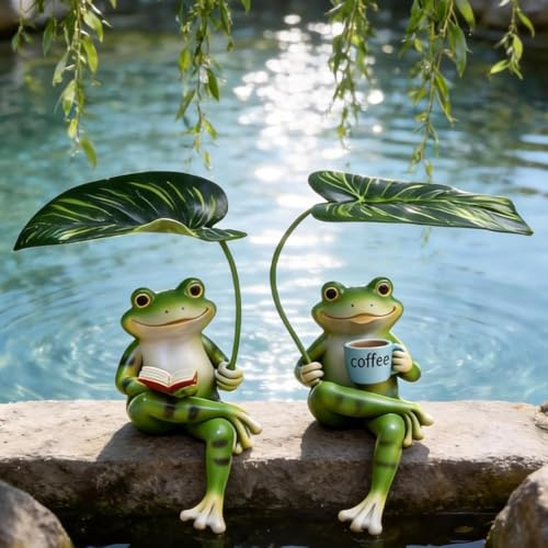 KUWUNG 2 Stück Frosch Deko Figuren, Frosch Statue Garten Draußen, Garten Deko Ornament, Frosche Harz Figuren für Miniteich Deko, Gartendeko Draußen, Topfdekorationen