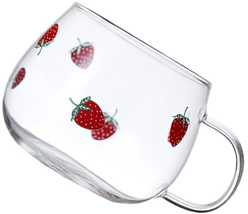 TEMPNAP Tasse en Verre à Café Anse Grosse Capacité Résistante de 10°c à 150°c Design Délicat Motif Fraise pour Café et Jus au Restaurant