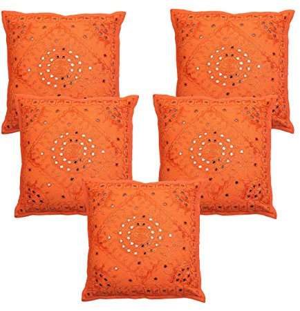 Stylo Culture Ethnico Fundas De Cojines Decorativos 60x60 cm Algodón Espejado Fundas Almohadones Dormitorio Naranja 24x24 Inch Bordado Cuadrado sobre Fundas para Cojines De Sofas - 5 Pcs