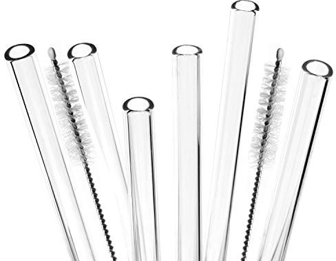 bremermann 6er Set Glas-Trinkhalme, Cocktail-Set, Verschiedene Längen, wiederverwendbar, transparent oder bunt, inklusive 2 Reinigungsbürsten (transparent, 15 cm)