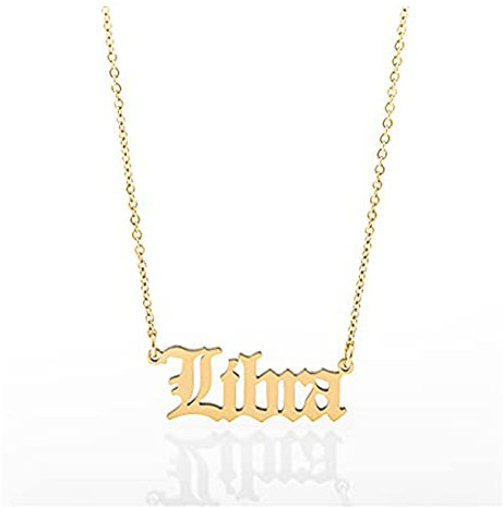 Minegreet Old English Zodiac Necklace for Women, Horoscope Birth Star Sign Letter Astrology Constellation Necklace Birthday Gift (Libra-Gold)