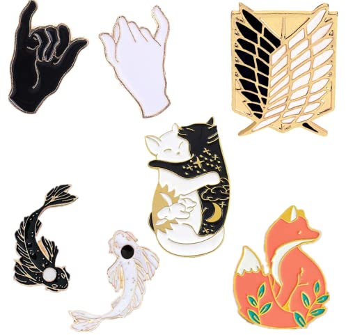XHBTS Lot de 7 Broches en Forme de Poisson Noir et Blanc - Jolies Épinglettes en Émail Dur - Motif Chat, Autre