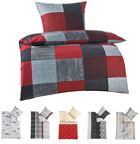 BaSaTex Feinbiber Winter Bettwäsche warme und kuschelige Bettgarnitur und Kissenbezug 135x200 + 80x80 cm | 100% Baumwolle | Karo - Anthrazit Rot